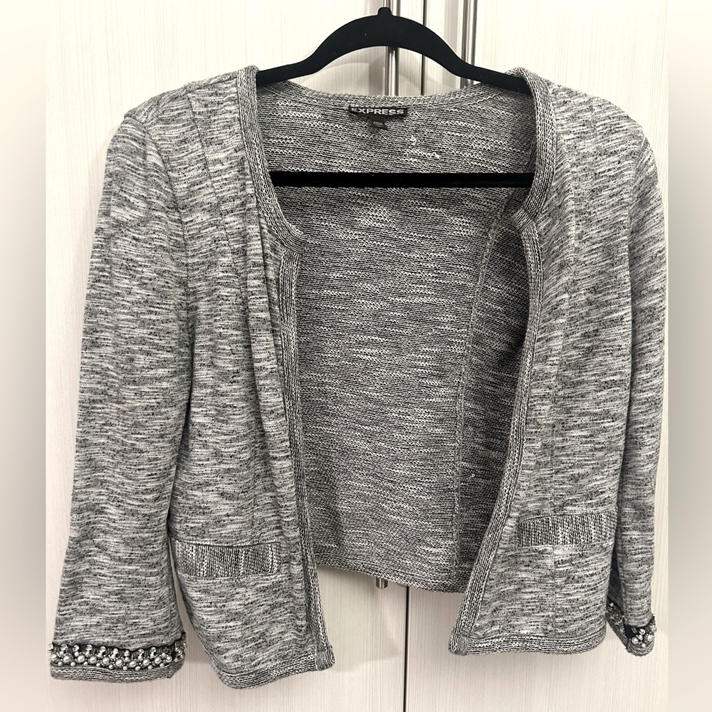 Small Express Black & White Rhinestone Pearl Beaded Cuff Cardigan Sweater